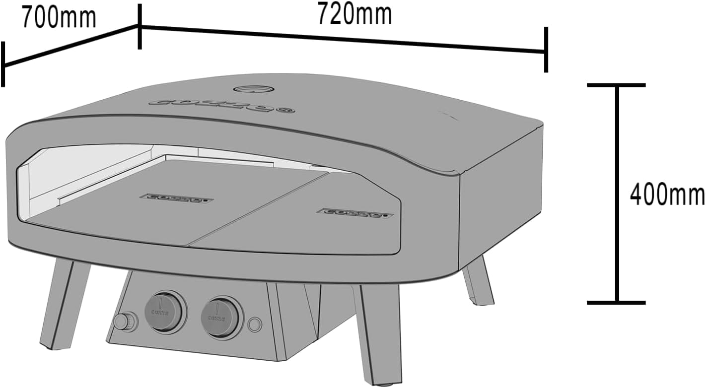 Schéma des dimensions du four pizza Cozze 24" Black Edition : l'excellence du gaz avec largeur 720 mm et design compact.