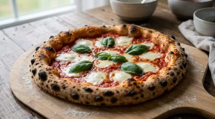 Gros plan sur une pizza Margherita fraîchement sortie du four, avec sa croûte croustillante, de la mozzarella fondue et du basilic frais sur une pelle en bois.