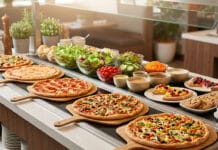 Buffet à volonté Cicis Pizza avec plusieurs pizzas, un bar à salades frais, des sauces, des cookies et des desserts aux fruits.