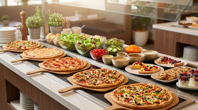 Buffet à volonté Cicis Pizza avec plusieurs pizzas, un bar à salades frais, des sauces, des cookies et des desserts aux fruits.