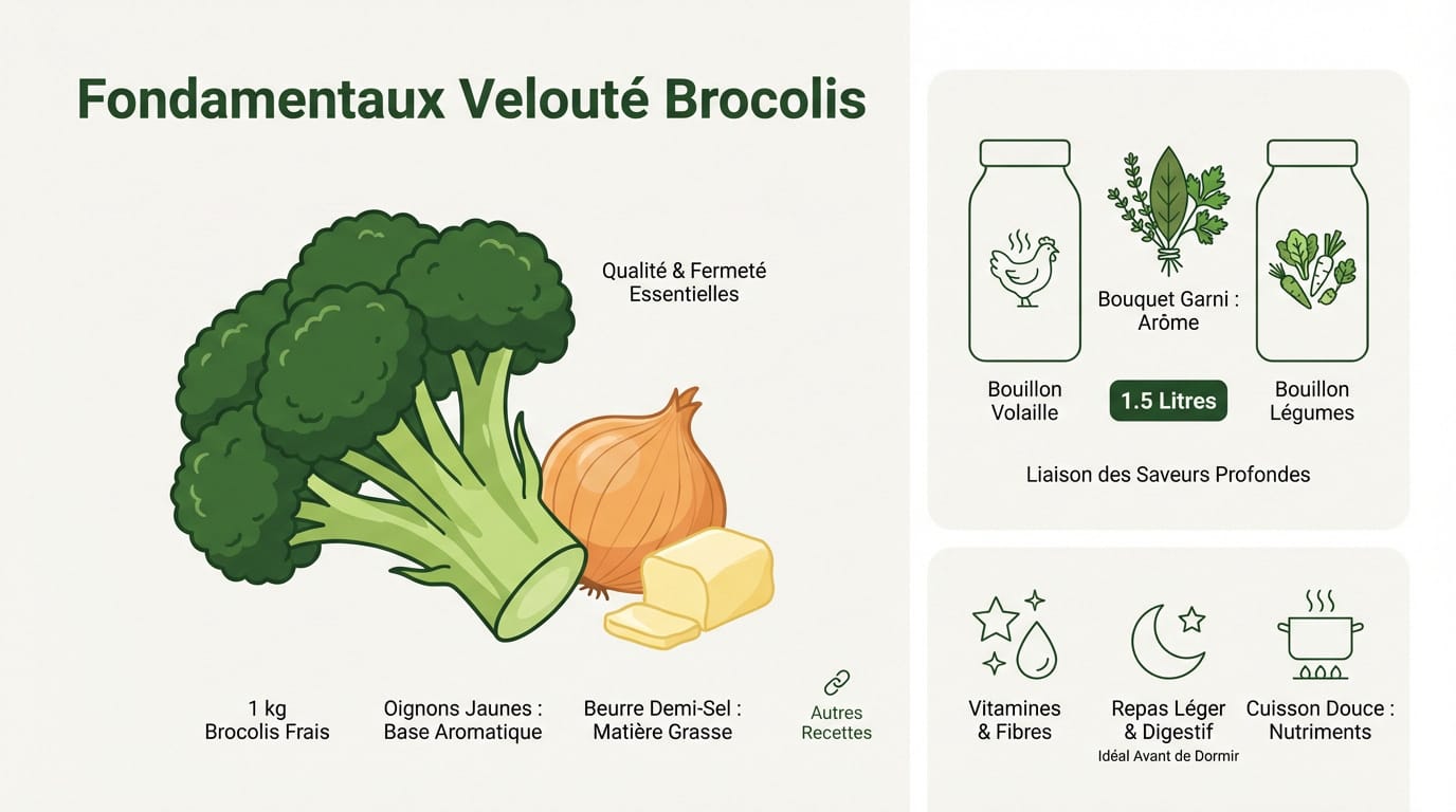 Infographie ingrédients et bienfaits du velouté de brocolis
