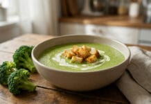 Bol de velouté de brocolis vert et crémeux, garni de croûtons dorés et crème. Des fleurettes de brocoli frais sur table en bois.