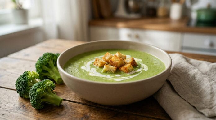 Bol de velouté de brocolis vert et crémeux, garni de croûtons dorés et crème. Des fleurettes de brocoli frais sur table en bois.