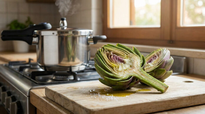 Cuisson d'artichaut à la cocotte-minute Deux moitiés d'artichaut frais sur une planche à découper devant une cocotte-minute en pleine cuisson.