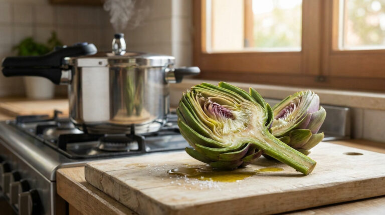 Deux moitiés d'artichaut frais sur une planche à découper devant une cocotte-minute en pleine cuisson.