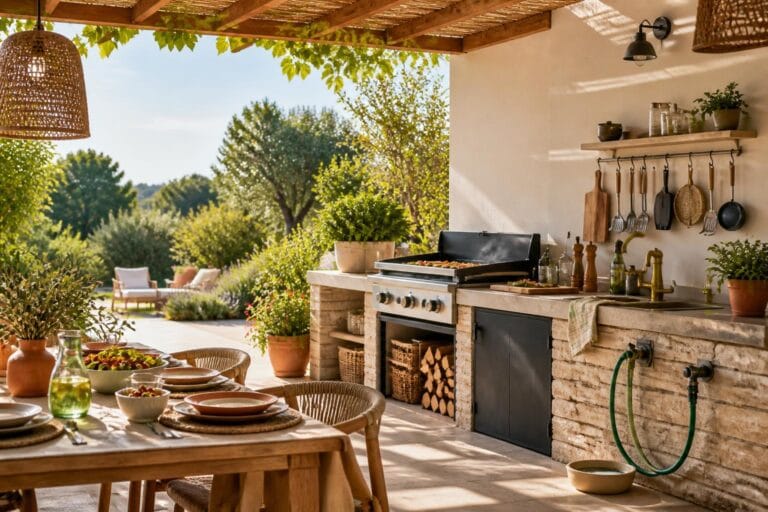 Cuisine d’été conviviale : eau, matériaux et couverture