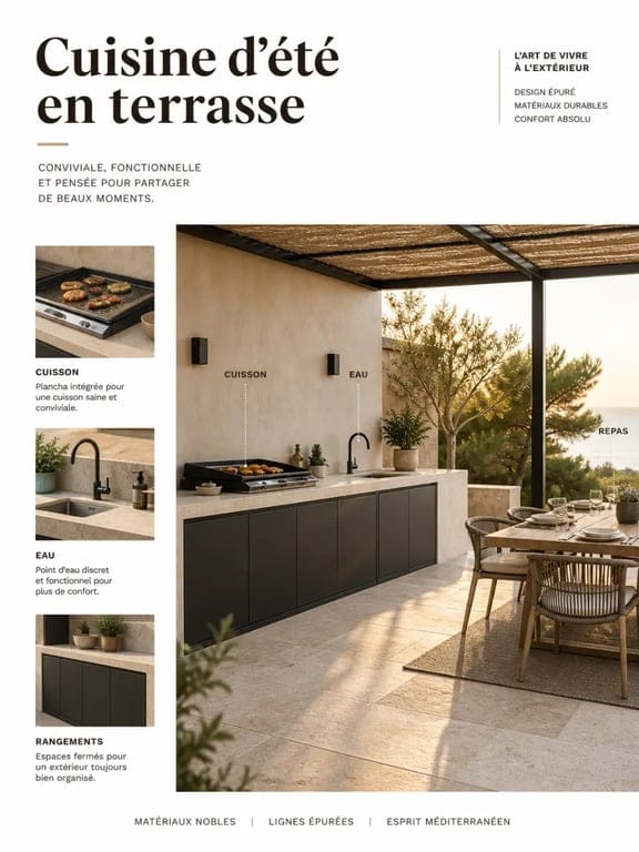 Point d’eau, matériaux et couverture : les choix qui rendent une cuisine d’été vraiment conviviale 3 Aménager une cuisine d'été conviviale pour recevoir ses proches dans une terrasse avec pergola, plancha et coin repas
