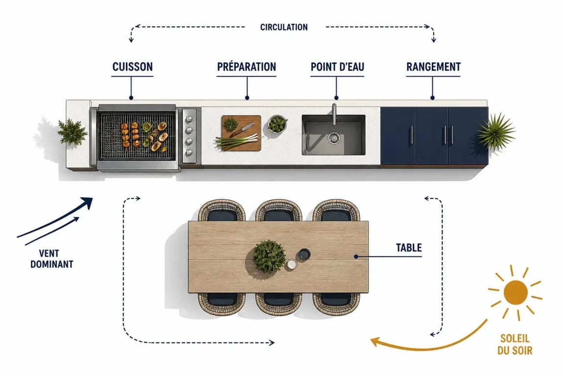 Point d’eau, matériaux et couverture : les choix qui rendent une cuisine d’été vraiment conviviale 4 Aménager une cuisine d'été conviviale pour recevoir ses proches avec schéma de circulation et implantation