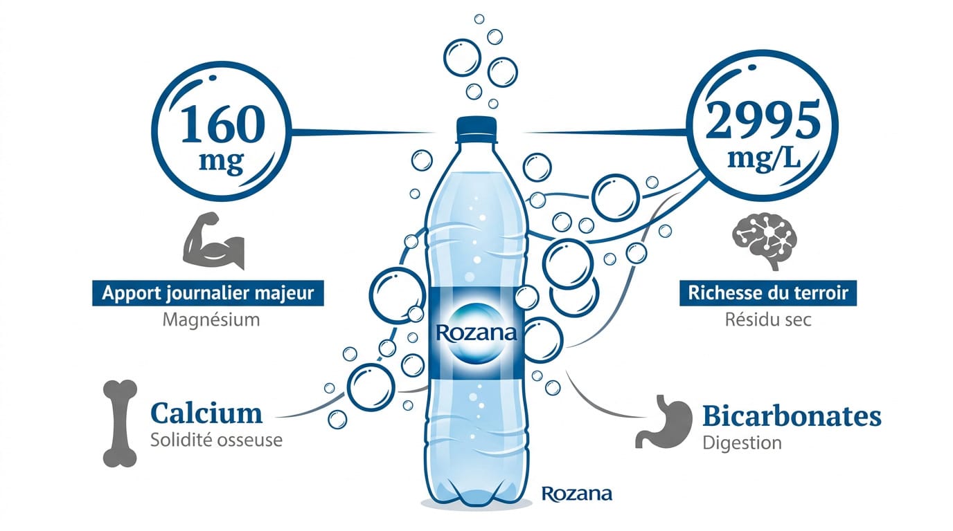 Bouteille d'eau Rozana riche en magnésium et minéraux des monts d'Auvergne