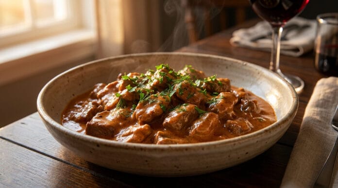 Assiette creuse de bœuf stroganoff fumant avec une sauce crémeuse et des herbes fraîches, sur une table en bois.