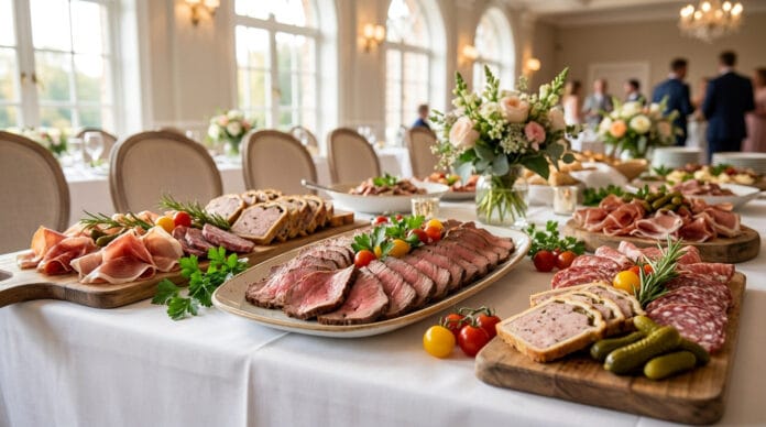 Plateau de charcuteries, viandes rôties et cornichons sur une table de réception élégante.