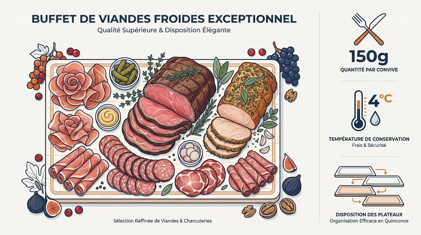 Présentation élégante d'un buffet de viandes froides avec rosbif et charcuterie