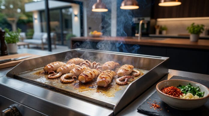 Préparation de chipirons à la plancha Chipirons saisissant sur une plancha chaude avec un bol d'épices, d'ail et de persil à côté dans une cuisine moderne.
