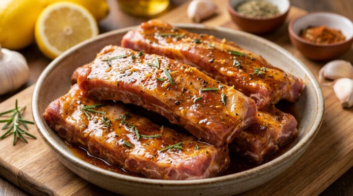 Marinades savoureuses pour côtes de porc Côtes de porc crues marinées dans une assiette, entourées de citrons, d'ail et d'épices sur une planche en bois.
