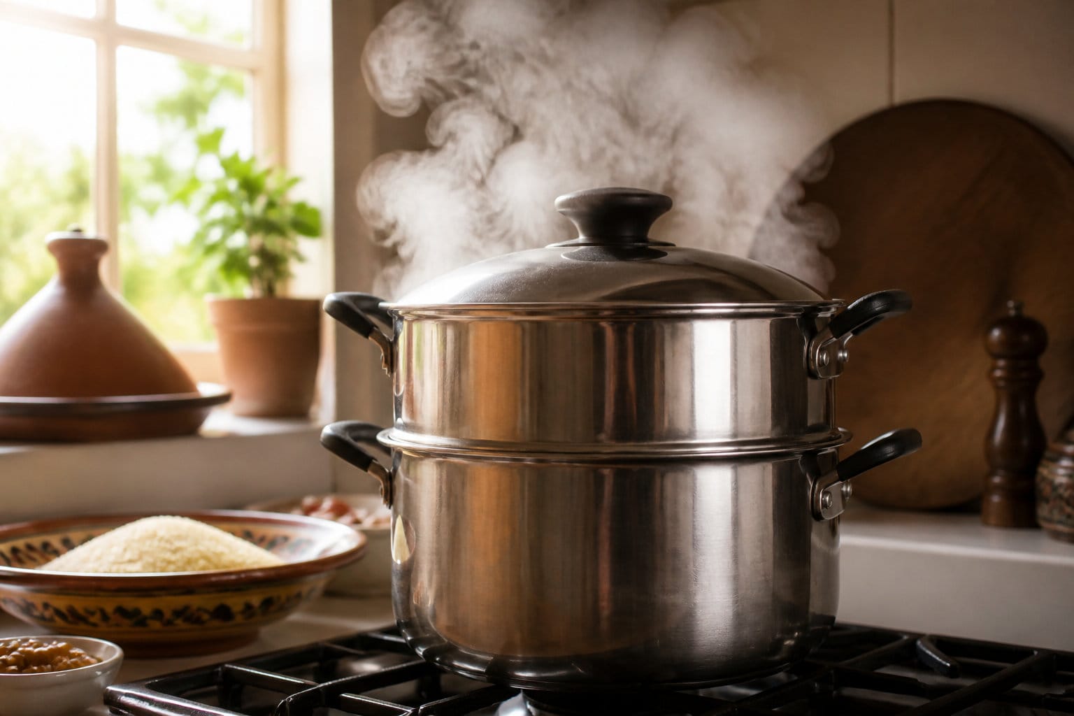 Recette du riz djerbien : les secrets d'un plat vapeur 3 Technique de cuisson : dompter la vapeur du couscoussier 💨