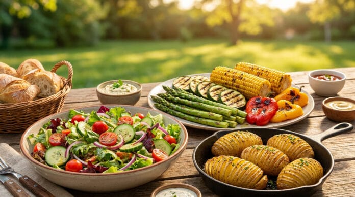 Accompagnements gourmands pour barbecue Une table en bois avec une salade, des légumes grillés, des pommes de terre et du pain, en extérieur au soleil.