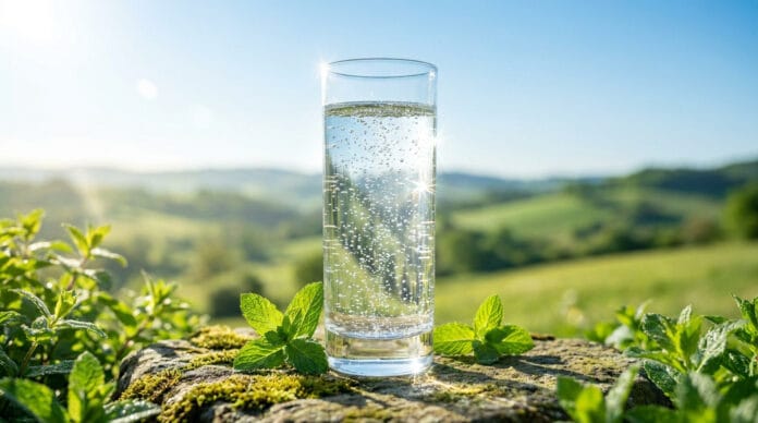 Un verre d'eau pétillante posé sur une roche entourée de feuilles de menthe avec un paysage verdoyant en arrière-plan.