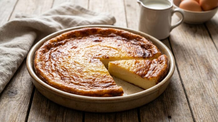 Un far breton doré dans un plat en céramique posé sur une table en bois rustique avec du lait et des œufs en fond.