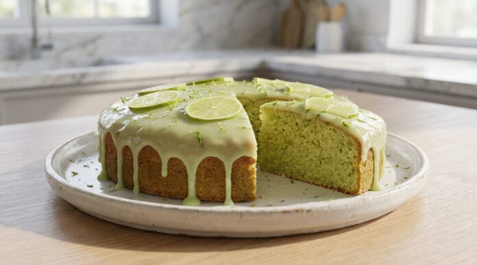 Gâteau moelleux au citron vert Gâteau rond au citron vert avec un glaçage dégoulinant, décoré de tranches de citron sur une assiette en céramique.