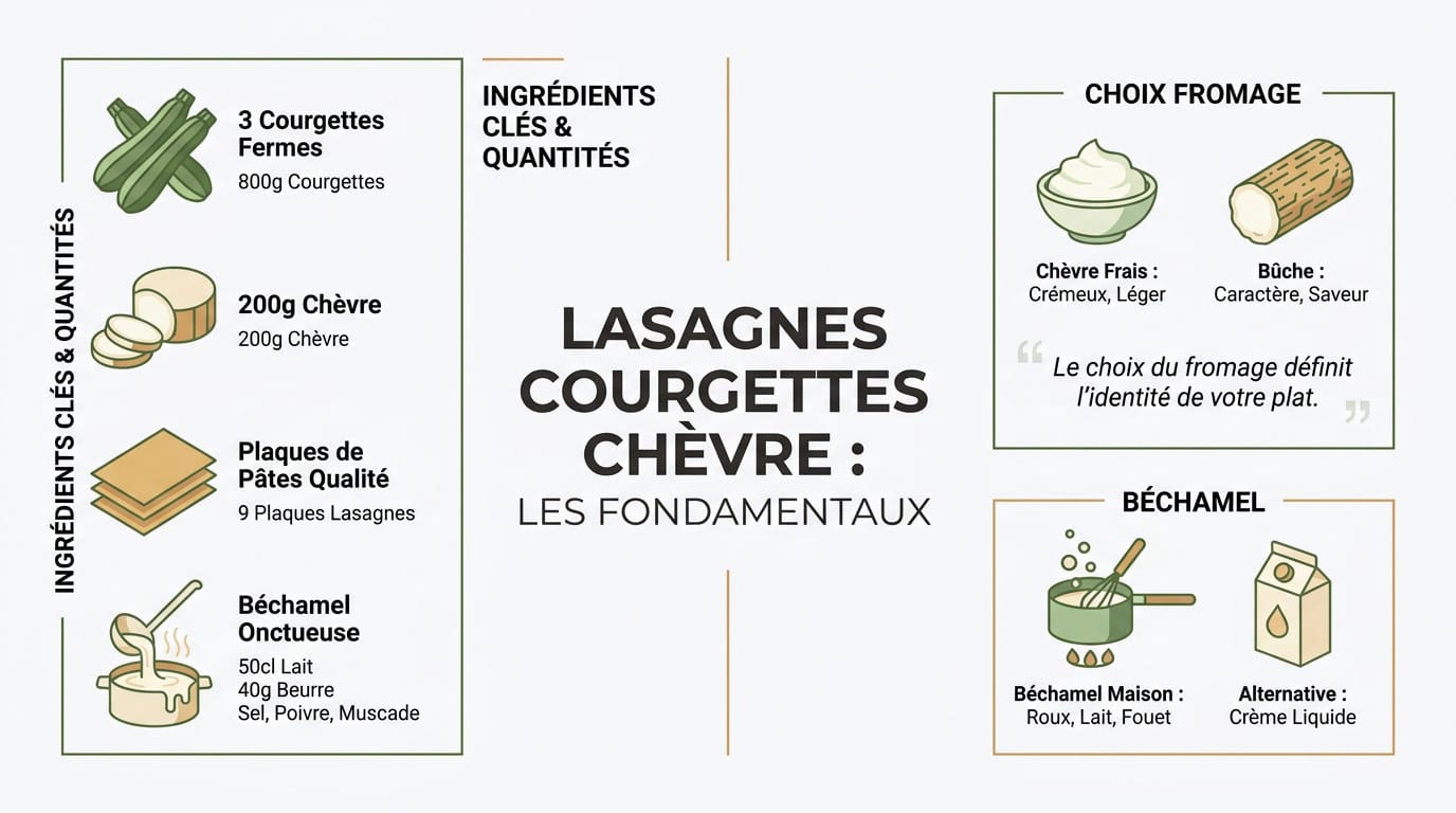 Recette lasagnes courgettes chèvre : le secret du plat parfait 1 Infographie des ingrédients et étapes pour réussir des lasagnes courgettes chèvre