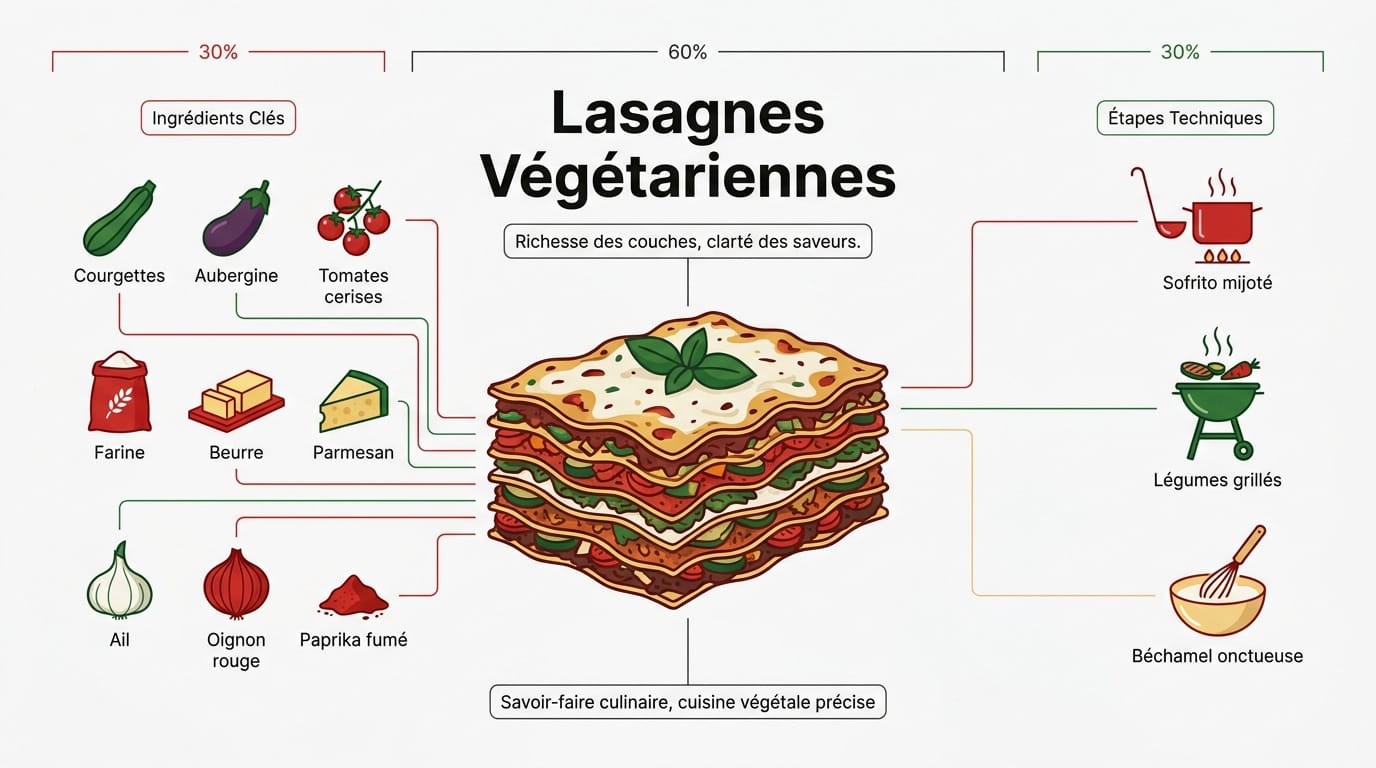 Lasagnes végétariennes Cyril Lignac : nos secrets de chef 1 Infographie détaillant les ingrédients et les étapes de préparation des lasagnes végétariennes façon Cyril Lignac