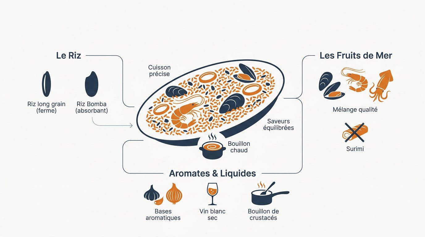 Recette riz fruits mer : le secret d'un plat savoureux 1 Infographie détaillant les étapes clés et les ingrédients pour réussir un riz aux fruits de mer parfait