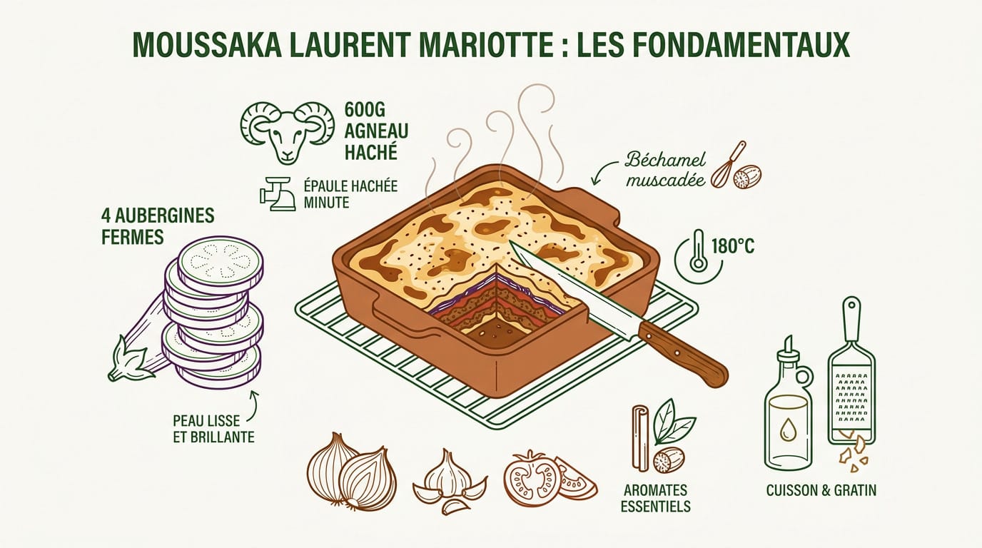 Recette moussaka Laurent Mariotte : le secret du gratin 🥘 1 Infographie détaillant les étapes clés et les ingrédients de la moussaka de Laurent Mariotte