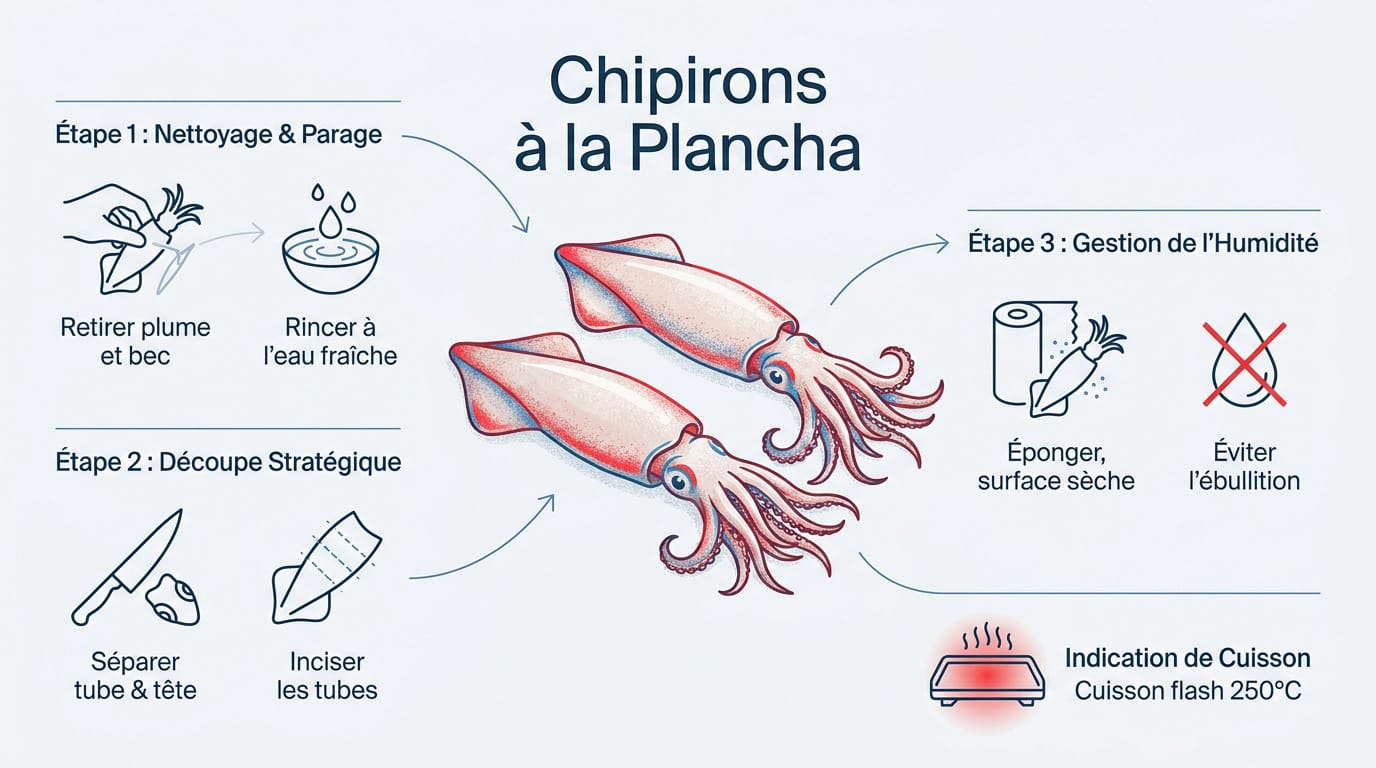 L'art de réussir le chipiron a la plancha : le guide expert 1 Infographie détaillant les étapes de nettoyage et de découpe des chipirons pour la plancha
