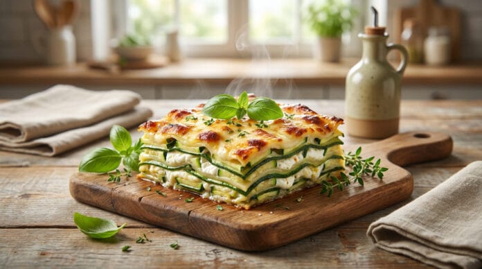 Lasagnes courgettes et chèvre : recette gourmande Une part de lasagnes fumantes aux courgettes et fromage de chèvre sur une planche en bois dans une cuisine rustique.