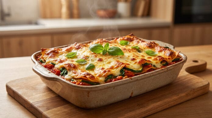 Lasagnes végétariennes façon Cyril Lignac Plat de lasagnes végétariennes fumantes avec fromage gratiné et basilic frais sur une planche en bois.