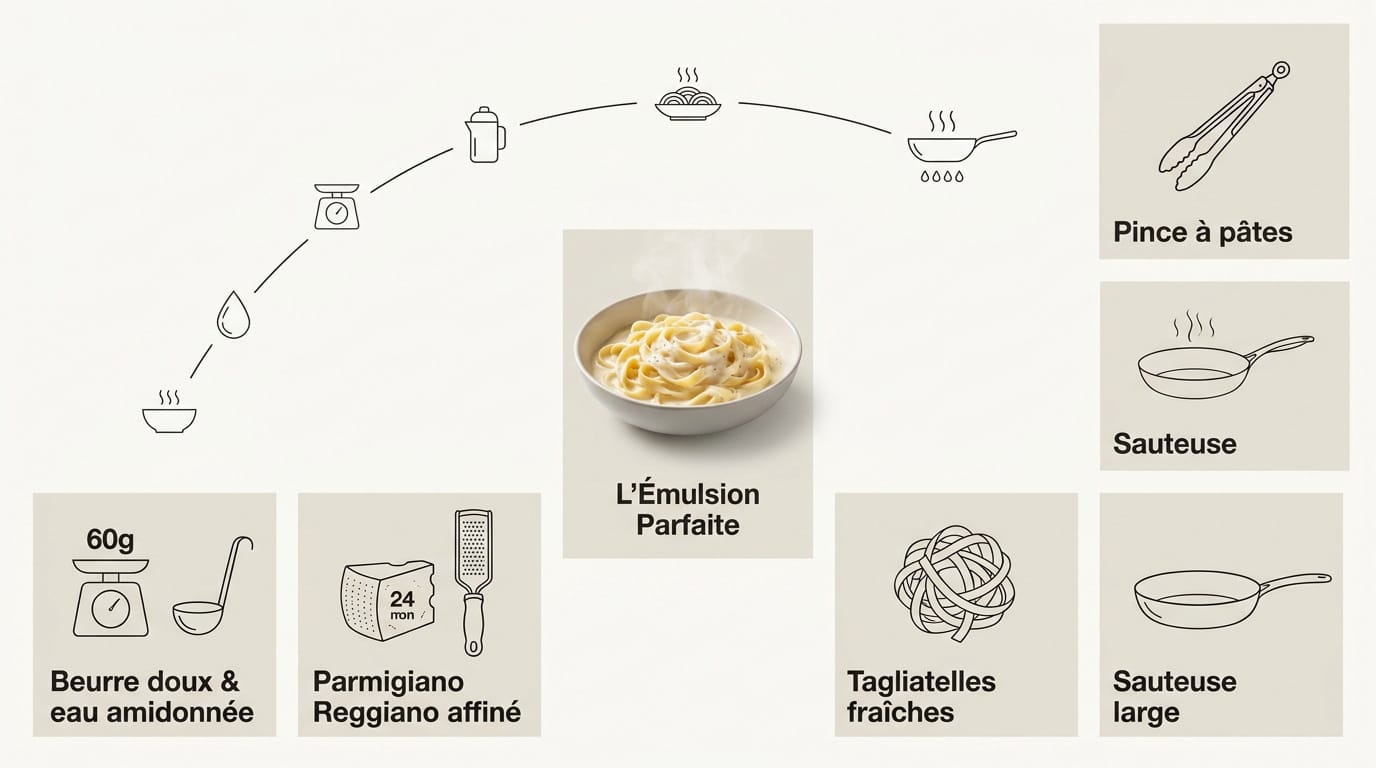 Recette tagliatelle alfredo : le secret de l'émulsion 1 Tagliatelles Alfredo crémeuses mélangées avec du parmesan et du beurre dans une sauteuse en inox