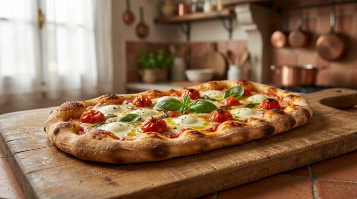Pizza artisanale Papé Matteo Gignac Une pizza rectangulaire à la mozzarella et tomates cerises sur une planche en bois dans une cuisine rustique.