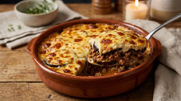 Recette de moussaka maison façon Laurent Mariotte Une part de moussaka gratinée à la cuillère servie dans un plat en terre cuite sur une table en bois.