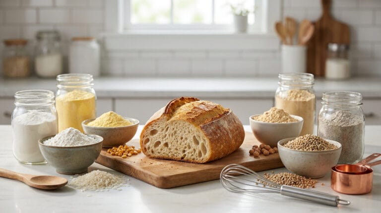 Pain croustillant au centre entouré de bols et bocaux contenant diverses farines sans gluten sur une table de cuisine.