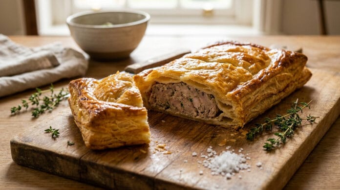 Recette du pâté lorrain traditionnel Pâté lorrain doré sur une planche en bois avec une part découpée, accompagné de thym et de gros sel.