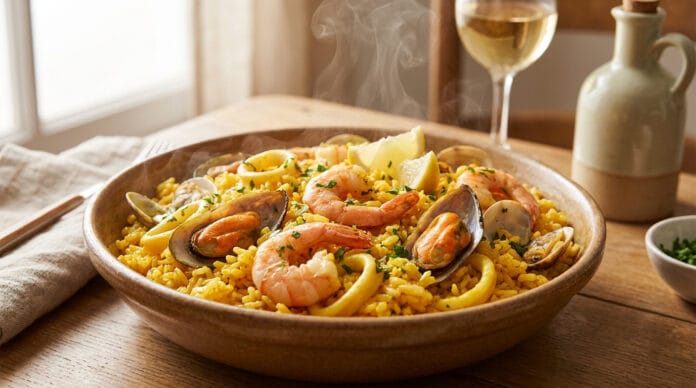 Délicieuse paella aux fruits de mer fumante Bol en céramique rempli de riz aux fruits de mer avec crevettes, moules et calamars, fumant sur une table en bois.
