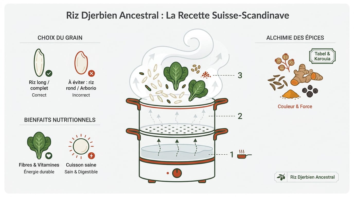 Recette du riz djerbien : les secrets d'un plat vapeur 1 Plat traditionnel de riz djerbien cuit à la vapeur avec légumes et épices