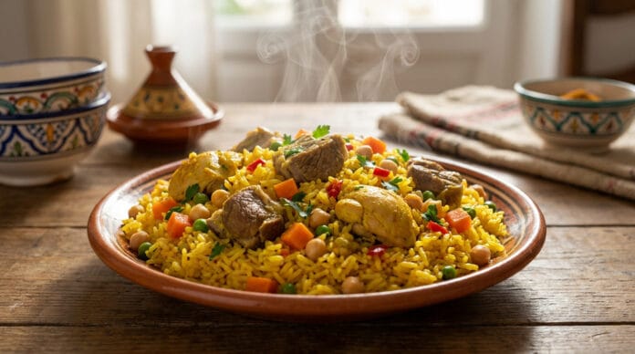 Recette authentique du riz djerbien fumant Plat de riz djerbien traditionnel aux morceaux de viande, pois chiches et légumes, servi chaud sur une table en bois.