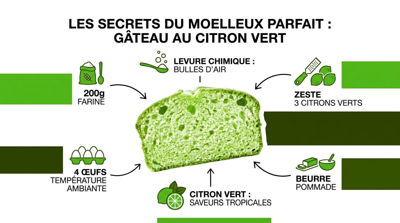 Réussir votre recette de gâteau au citron vert moelleux 1 Gâteau au citron vert moelleux avec un glaçage brillant et des zestes frais