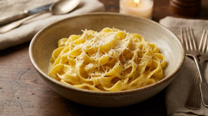 Recette authentique de tagliatelles Alfredo onctueuses Assiette de tagliatelles crémeuses saupoudrées de parmesan et de poivre sur une table en bois avec des couverts.