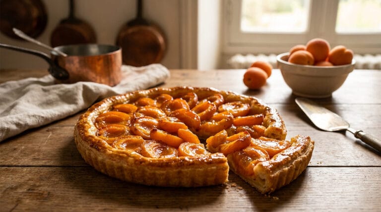 Une tarte aux abricots dorée et brillante posée sur une table en bois, accompagnée d'un bol d'abricots frais.