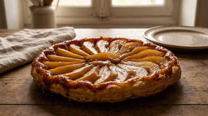 Tarte aux poires fondante maison Une tarte aux poires caramélisée et dorée posée sur une table en bois rustique devant une fenêtre.