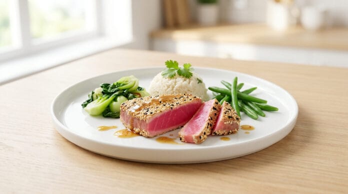 Tranche de thon rouge mi-cuit en croûte de sésame servie avec du riz, du bok choy et des haricots verts sur une assiette.