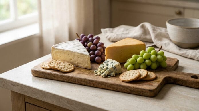 Plateau de fromages réaliste composé de gâteaux trompe-l'œil, avec du raisin et des crackers sur une planche en bois.