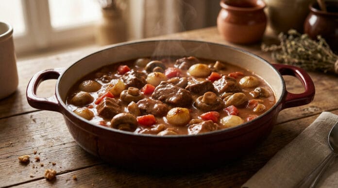 Recette traditionnelle du veau marengo Plat de veau marengo fumant dans une cocotte en fonte posée sur une table en bois rustique.