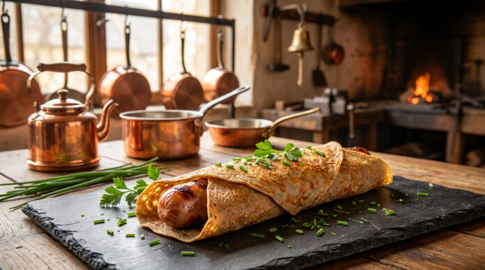 La galette-saucisse à Villedieu-les-Poêles Une galette de sarrasin garnie d'une saucisse sur une ardoise, dans une cuisine rustique avec des ustensiles en cuivre.