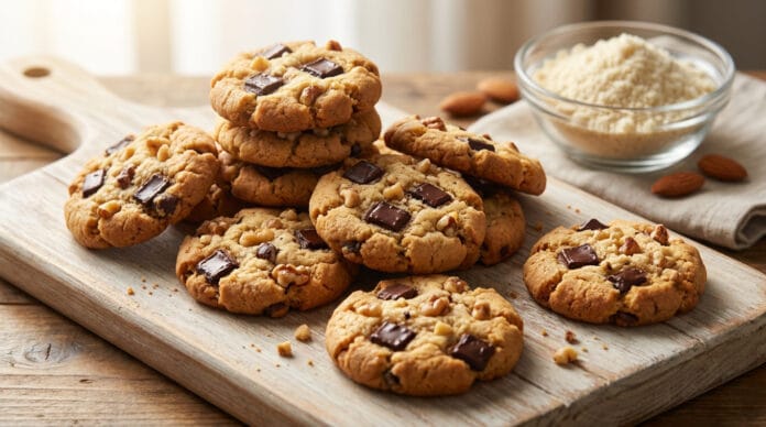 Cookies maison à indice glycémique bas Cookies aux pépites de chocolat et noix sur une planche en bois avec un bol de poudre d'amande en arrière-plan.