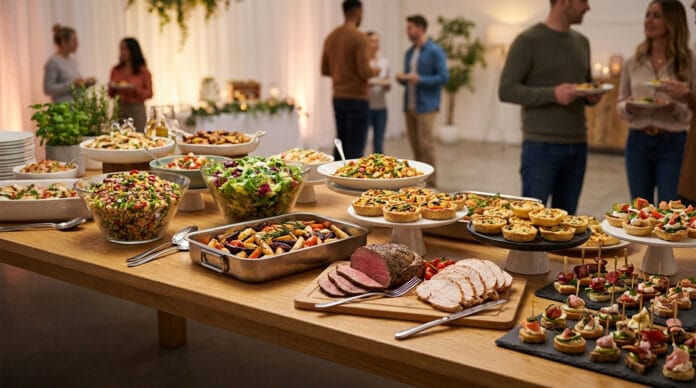 Idée de buffet simple pour un grand groupe Une table de buffet généreuse avec des salades, des viandes et des bouchées, devant des invités discutant en arrière-plan.