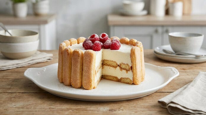 Une charlotte au mascarpone décorée de framboises fraîches et biscuits à la cuillère, posée sur une assiette blanche.
