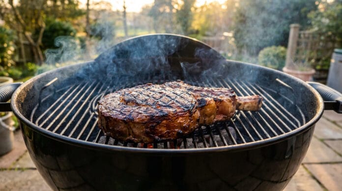 Côte de bœuf grillée au barbecue Weber Une grosse côte de bœuf saisie sur un barbecue Weber avec des marques de grill et de la fumée s'élevant.